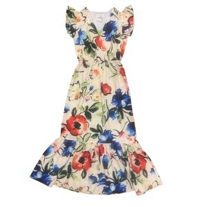 Sam Edelman Women's Ivory Multi Floral Picasso print Dress Flutter Sleeve V Neck